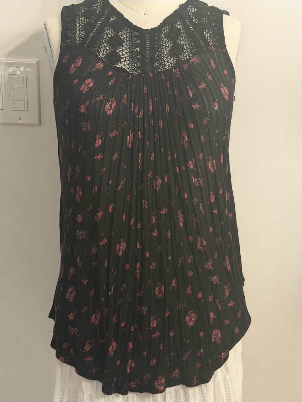 Lucky Brand Black Camisole with Pink Floral and Crochet Yoke